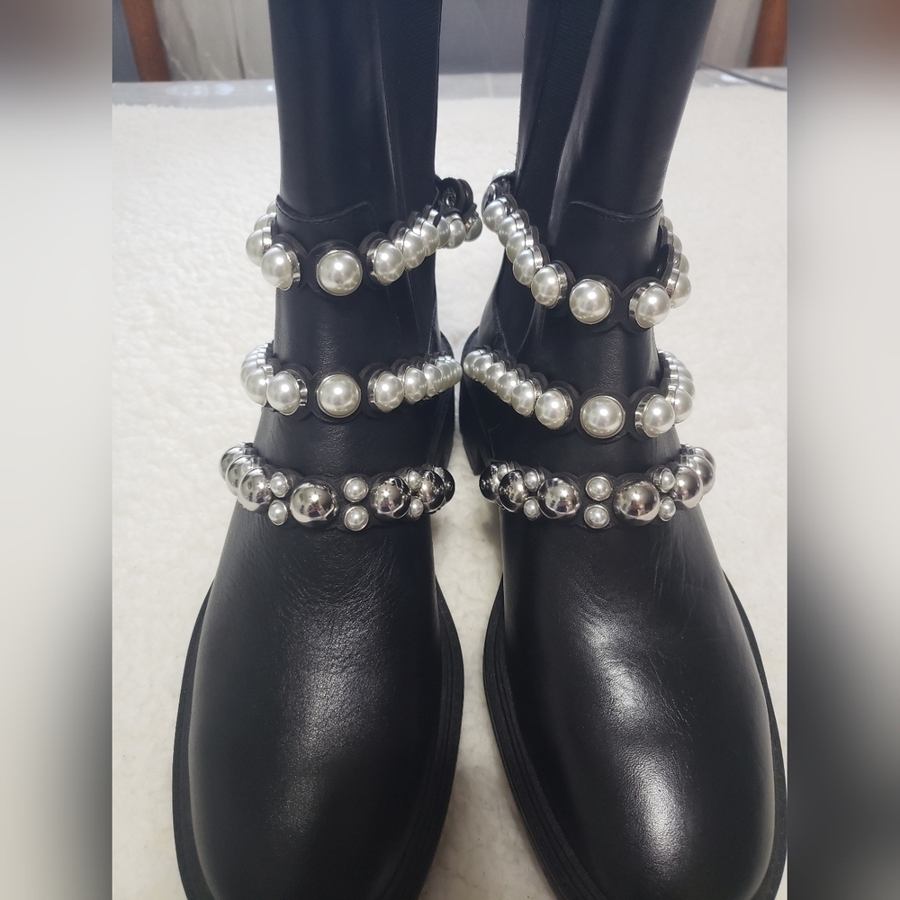 NWT Zara Black Leather Faux Pearl Accents Ankle Boots Size 38 - Picture 7 of 13